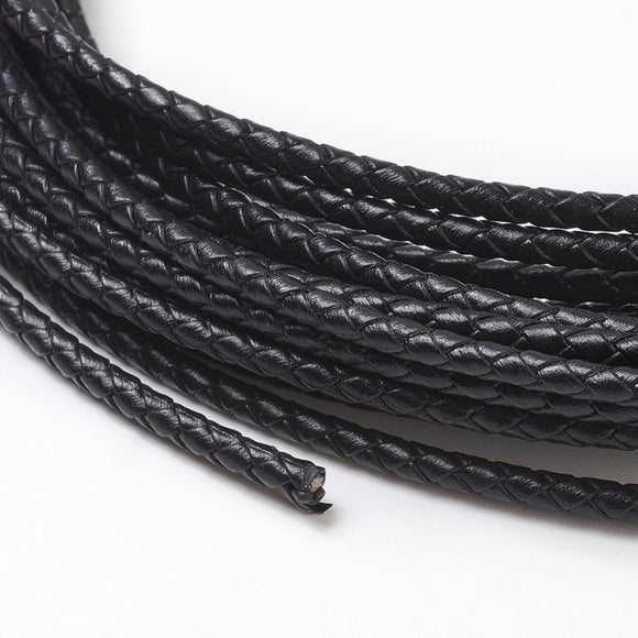 Leather Cord Braided Black 4mm (Sold by Foot)