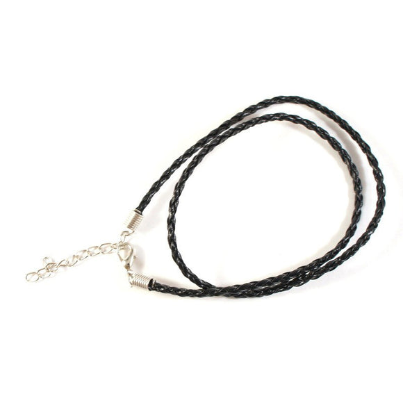 Black Braided Leather Necklace with Extender Chain