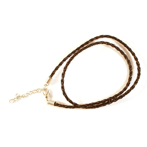 Brown Braided Leather Necklace with Extender Chain