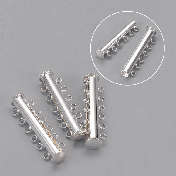 Silver Plated Brass Magnetic Slide Tube Clasp 36mm, 6 strands (2 sets)