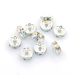 Silver Plated AB Rhinestone Rondelle 8mm (50 pcs)
