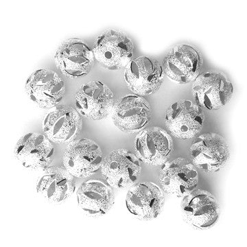 Silver Plated Brass Carved Stardust Round Bead 8mm (50 pcs)