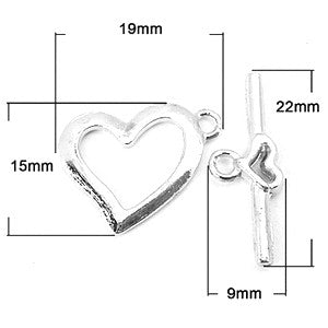 Silver Plated Brass Heart Toggle 19mm long, 15mm wide (10 sets)